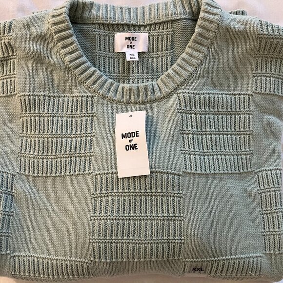 Mode of One Men's Long-Sleeve Relaxed-Fit Textured Check Sweater Blue Fin XXL - Picture 3 of 6